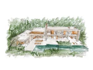 "Boceto arquitectónico de la Casa de las Jaras diseñado por Ramón Esteve, representando una exclusiva vivienda de lujo integrada con la naturaleza, con formas modernas en “L”, grandes ventanales y una piscina reflectante en el entorno."